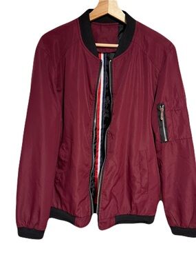 Amazon Men's Burgundy Bomber Jacket with Black Trim